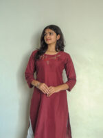 Women's Rich Marhoon Rayon Slub Kurta With Pant/Trouser | Hand Zari Work (KURTA+PANT)