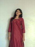 Women's Rich Marhoon Rayon Slub Kurta With Pant/Trouser | Hand Zari Work (KURTA+PANT) - Image 5