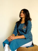 Women's Teal Blue Rayon Slub Kurta With Pant/Trouser | Hand Zari Work (KURTA+PANT) - Image 5