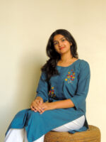Women's Teal Blue Rayon Slub Kurta With Pant/Trouser | Hand Zari Work (KURTA+PANT)