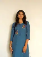 Women's Teal Blue Rayon Slub Kurta With Pant/Trouser | Hand Zari Work (KURTA+PANT) - Image 2