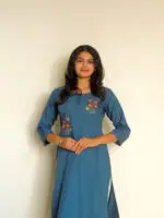 Women's Teal Blue Rayon Slub Kurta With Pant/Trouser | Hand Zari Work (KURTA+PANT) - Image 3