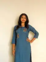 Women's Teal Blue Rayon Slub Kurta With Pant/Trouser | Hand Zari Work (KURTA+PANT) - Image 4