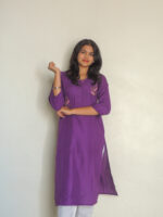 Women's Royal Purple Rayon Slub Kurta With Pant/Trouser | Hand Zari Work (KURTA+PANT) - Image 5
