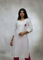 Women's White Rayon Slab Kurta With Pant/Trouser | Hand Zari Work (KURTA+PANT) - Image 4